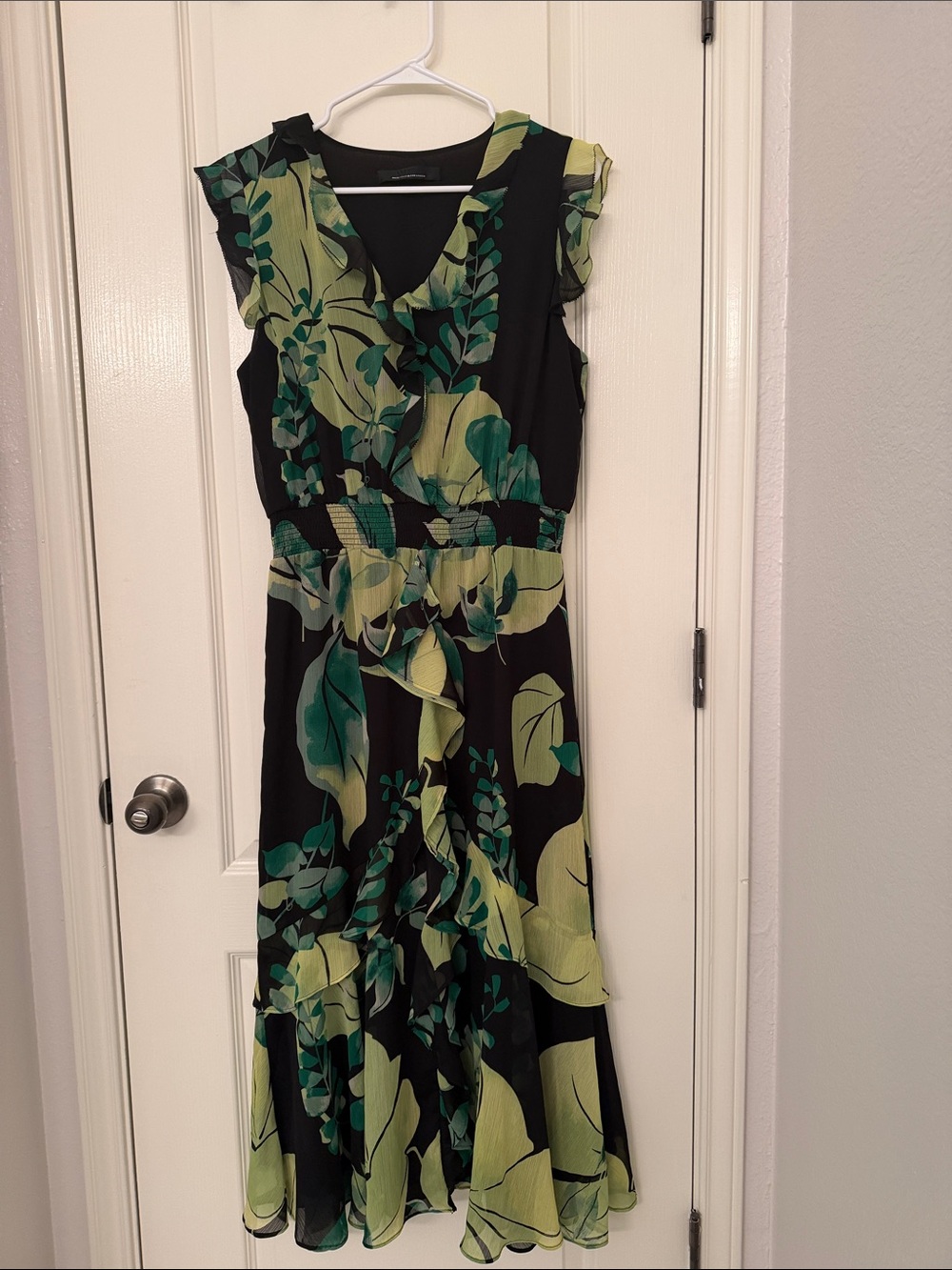 White House Black Market Black Midi Dress with Green Leaf Print